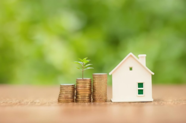 Un modèle de maison en bois miniature abrite une jeune pousse verte de feuilles qui poussent à partir de pièces d'or