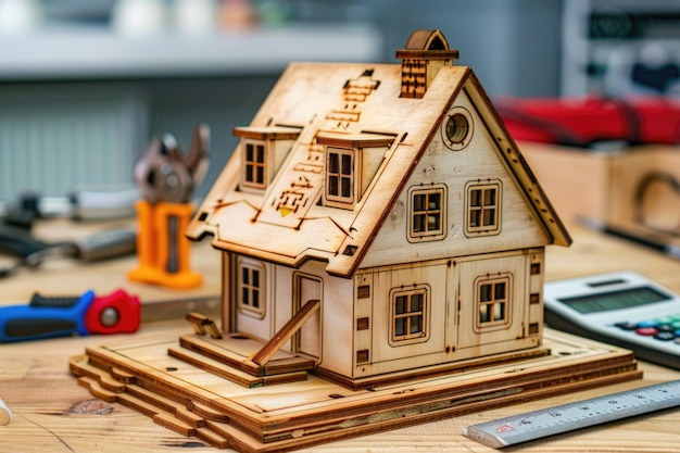 Modèle de maison en bois avec des outils sur le bureau pour l'amélioration de la maison