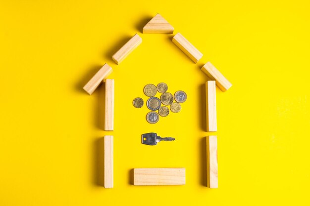 Modèle de maison en bois avec des pièces d'argent espace de copie sur fond jaune