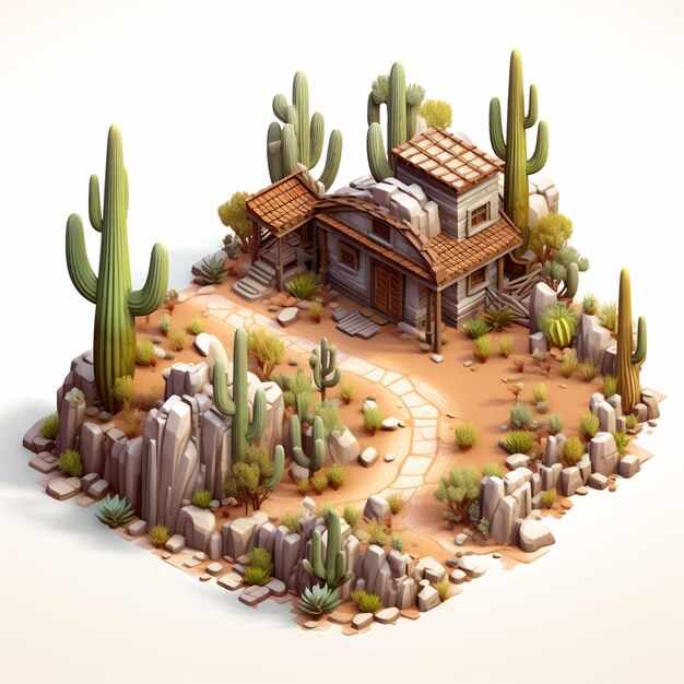 un modèle d'une maison avec un cactus et un caktus.