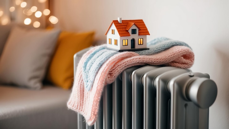 Photo un modèle de maison, un foulard chaud, un radiateur de chauffage dans un appartement.