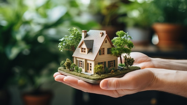 Modèle de maison miniature dans la main humaine sur fond de nature Concept immobilier