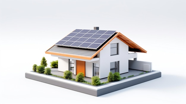 modèle de maison miniature avec panneau solaire sur le toit sur fond blanc
