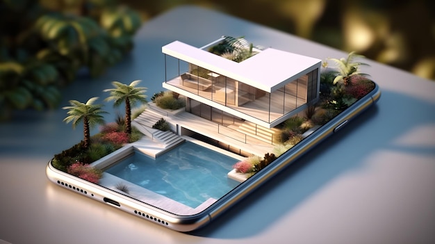 Modèle de maison moderne sur la technologie 3d de l'appareil smartphone