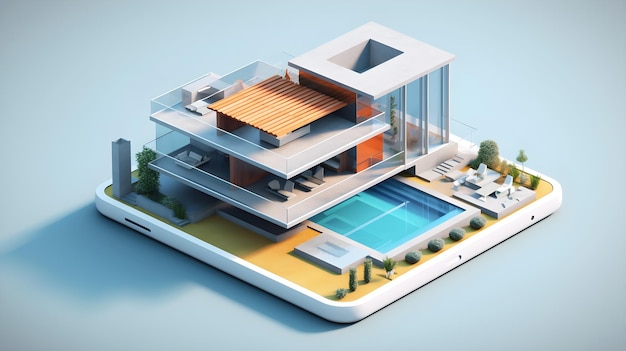 Modèle de maison moderne sur la technologie 3d de l'appareil smartphone