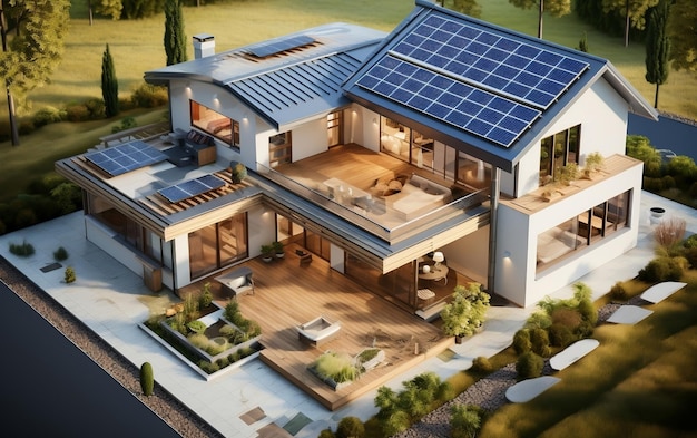 Un modèle de maison avec un panneau solaire sur le toit AI