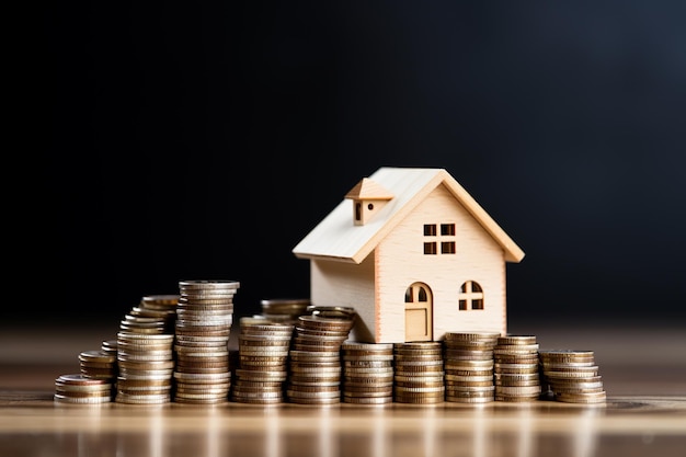 Modèle de maison et piles de pièces sur table en bois avec fond noir, économiser de l'argent pour acheter une maison