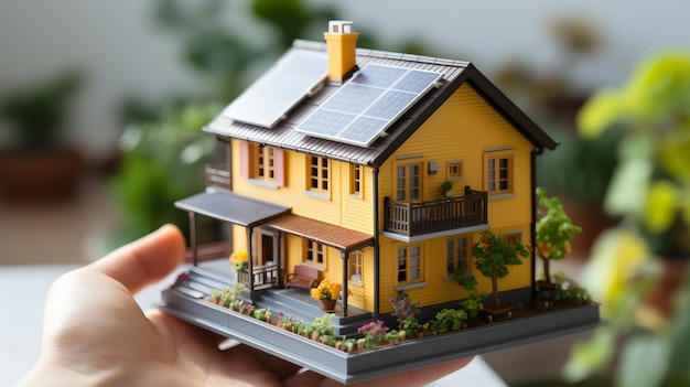 Un modèle de maison solaire 3D dans la main d'une femme