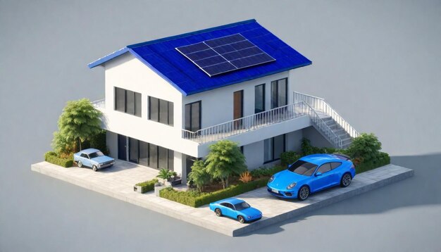 un modèle d'une maison avec un toit bleu et une voiture et une voiture bleue