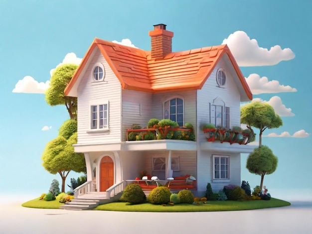 un modèle d'une maison avec un toit rouge et une maison avec une cheminée blanche