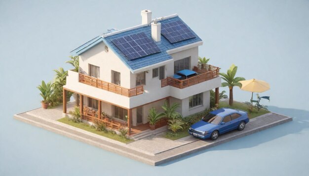 un modèle d'une maison avec une voiture bleue et une maison avec des panneaux solaires sur le toit