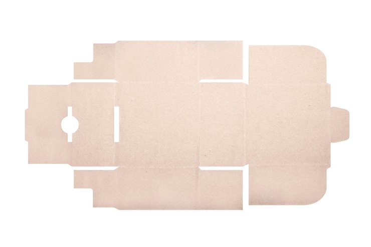 Photo modèle de maquette de boîte en carton avec motif découpé isolé sur fond blanc longueur 10 cm x largeur 10 cm x hauteur 5 cm