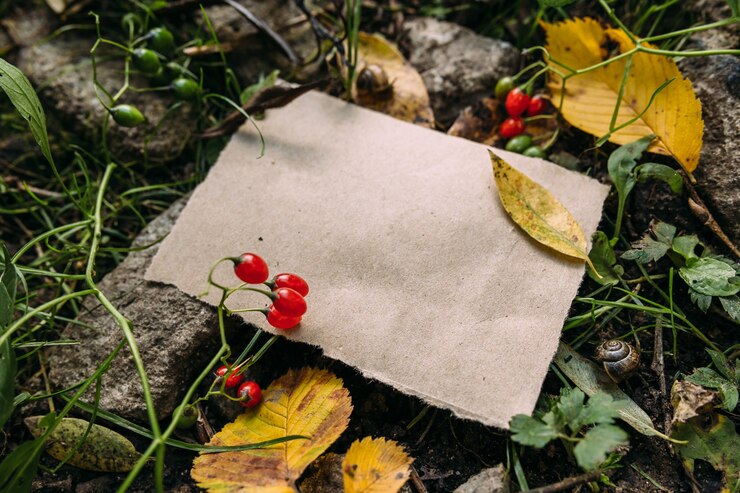 Photo modèle de maquette de papier artisanal sur le fond de la nature magique de l'automne de la forêt