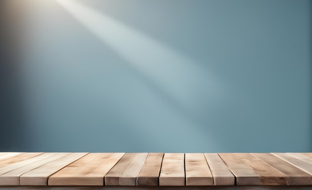 Modèle de maquette de produit de table en bois et de mur ensoleillé