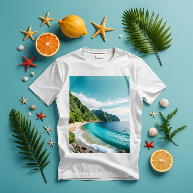 Photo modèle de maquette de t-shirt avec fond de plage tropicale