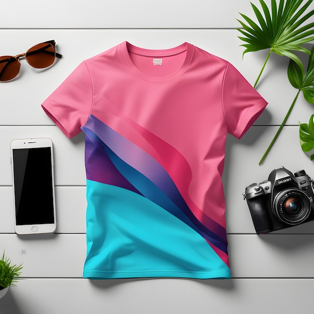 Modèle de maquette de t-shirt avec lunettes de soleil pour appareil photo et feuilles de palmier