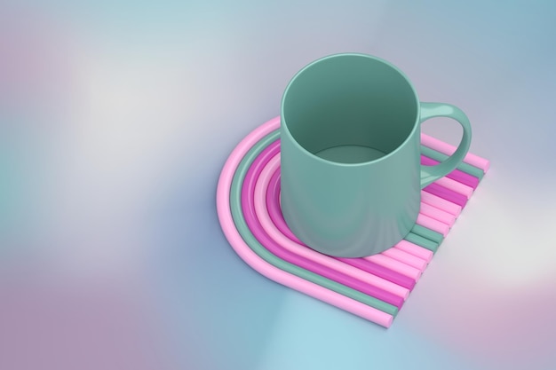 Modèle de maquette avec une tasse de tasse sur un tampon arc-en-ciel coloré décoratif