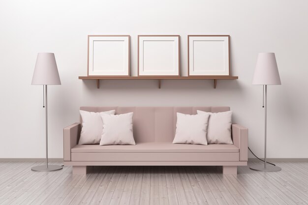 Modèle de maquette avec trois cadres carrés sur une étagère dans un salon avec canapé et deux lustres. illustration 3D.