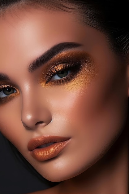 Un modèle avec un maquillage orange doré et un smoky eye.