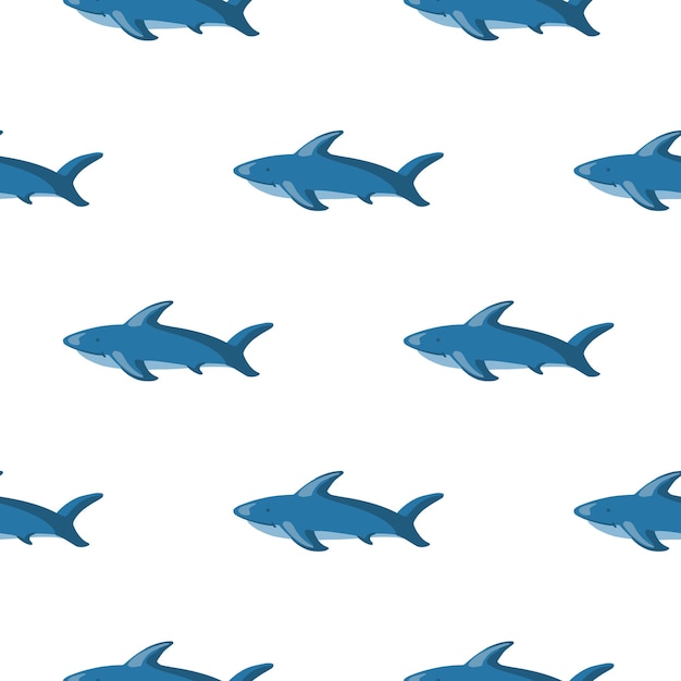 Modèle marin de zoo sans soudure isolé avec des silhouettes de poisson requin bleu. Fond blanc. Impression simple. Conçu pour la conception de tissus, l'impression textile, l'emballage, la couverture. Illustration vectorielle.