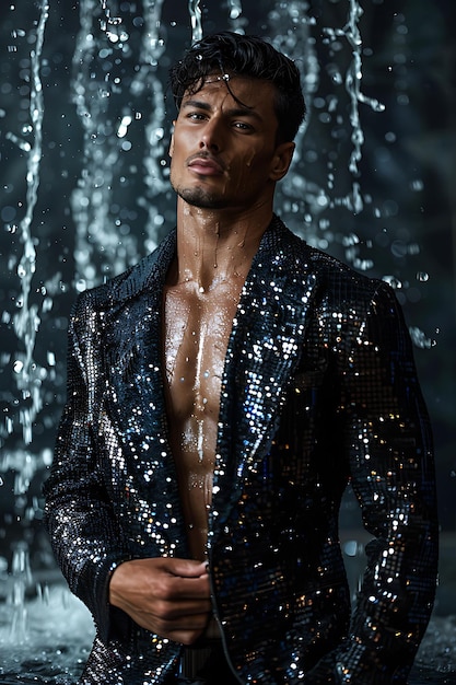 Photo modèle masculin musclé avec un blazer décoré extravagant avec un style de boutique haut de gamme