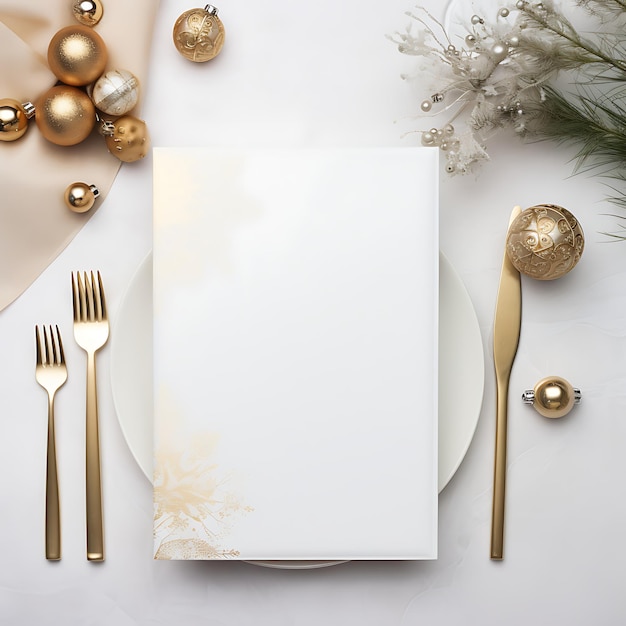 Modèle de menu de Noël avec vaisselle blanche, argent et décorations en arrière-plan