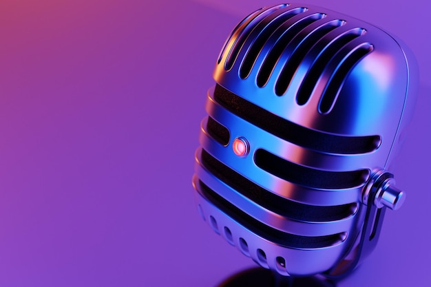 Modèle de microphone sur fond violet illustration 3d réaliste prix de la musique radio karaoké et équipement de sonorisation de studio d'enregistrement