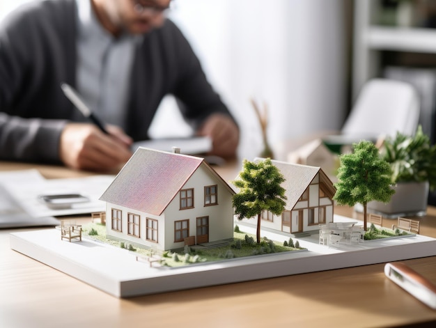 Modèle de mini maison avec papier et stylo sur table au bureau avec des ventes de maisons d'agent immobilier masculin en arrière-plan Concept immobilier