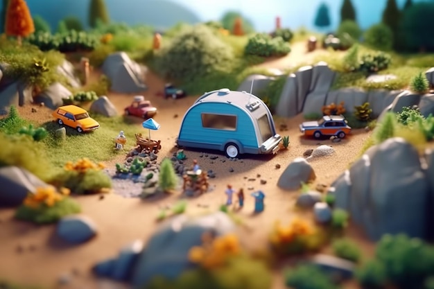 Un modèle miniature d'un camping-car dans les bois Image générée par l'IA