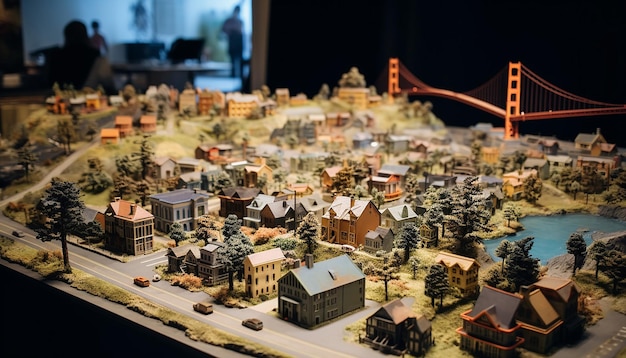 Un modèle miniature détaillé de San Francisco utilisant plusieurs matériaux, y compris les terres vallonnées de la ville.