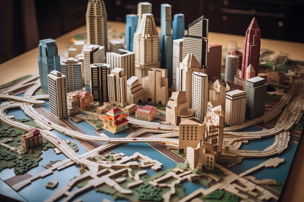 Modèle miniature du paysage urbain sur table IA générative