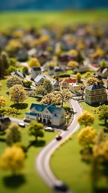 Un modèle miniature d'une petite ville avec une rue en face.