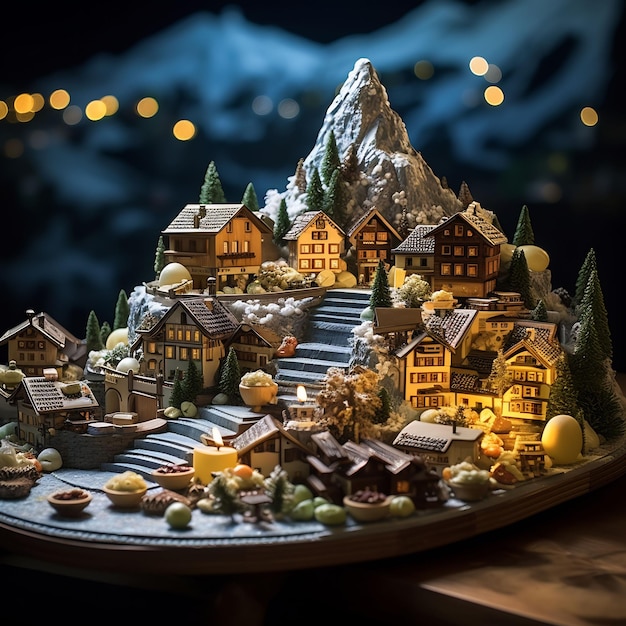 un modèle miniature d'un village miniature avec une montagne en arrière-plan