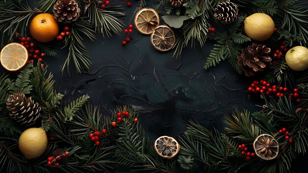 Modèle de mise en page de félicitations de Noël festive avec des branches de sapin décorées avec de l'intelligence artificielle générative naturelle