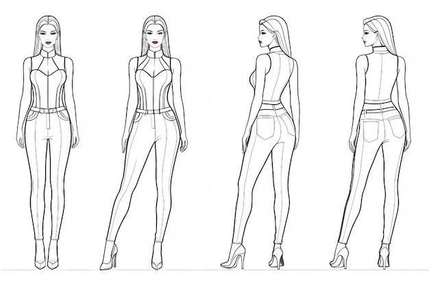 modèle de mode 9 tête pour le dessin technique avec les lignes principales figures féminines avant arrière 34 et