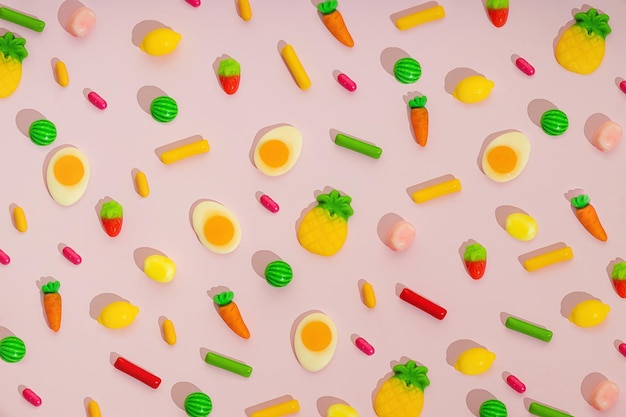 Modèle à la mode de bonbons colorés bonbons gélifiés aux fruits arrose pour la conception de célébration de fête sur fond rose Carte de voeux créative sur les idées alimentaires Problème de sucre avec les enfants qui mangentxA