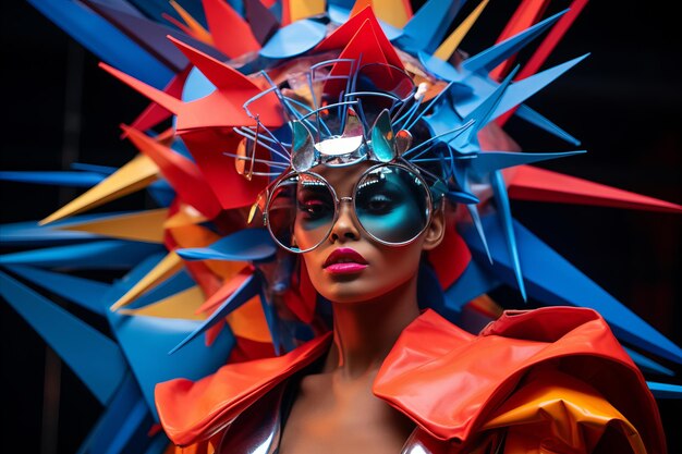 Photo modèle de mode dans une tenue d'avant-garde avec des formes géométriques bleues et rouges tranchantes
