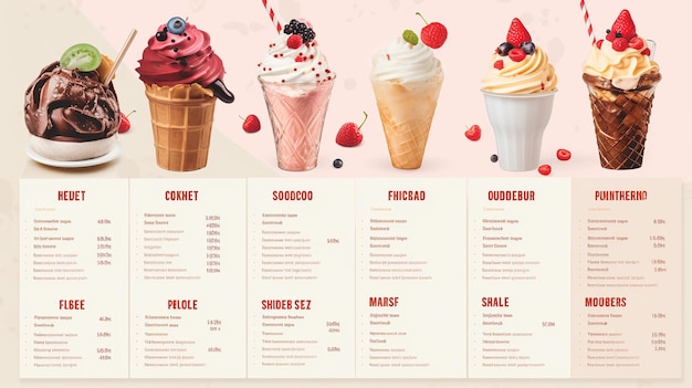 Photo un modèle moderne de menu de crème glacée sur fond blanc