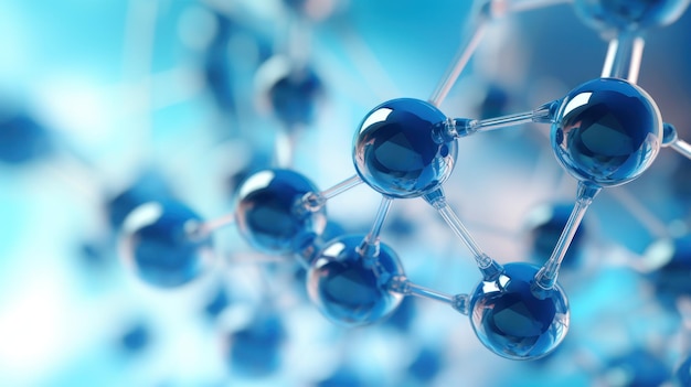 Modèle de molécule abstraite bleue transparente sur fond de molécule bleue floue