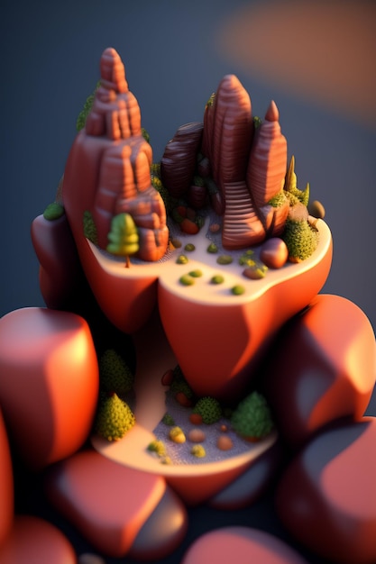 Un modèle d'une montagne avec une montagne rocheuse en arrière-plan.