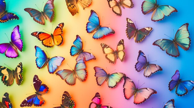 Photo modèle de morpho de papillons multicolores en studio avec une ia générative colorée et lumineuse