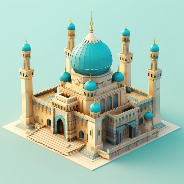 Un modèle de mosquée avec un dôme bleu.