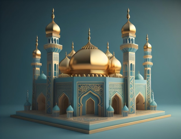 Un modèle de mosquée avec un toit en or et un dôme.
