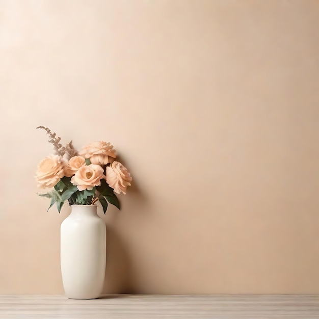 modèle de mur blanc copyspace avec vase à fleurs et fond pastel brun clair AI