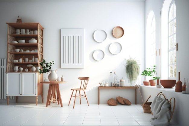 Un modèle de mur dans un intérieur blanc épuré et minimaliste avec des meubles en bois naturel et un mélange de styles scandinave et bohème