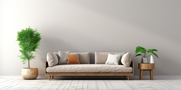 Modèle de mur du salon intérieur avec canapé brun gris clair et bois et décor sur fond blanc