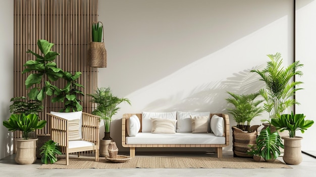 Modèle de mur vide dans une chambre blanche avec des meubles en bois AI Generative