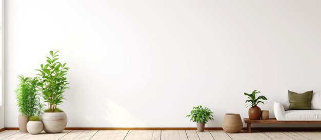 Photo modèle de mur vide dans une pièce blanche avec des meubles en bois