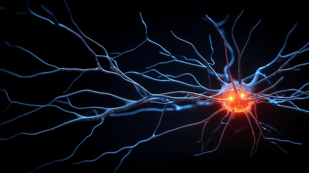 Modèle de neurone éclairé sur un fond noir symbolisant le monde complexe et magnifique de la neuroscience
