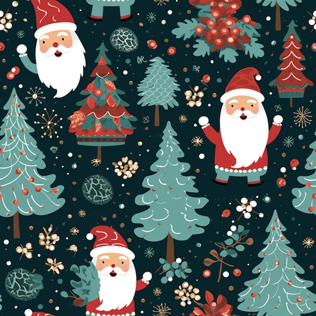 Modèle de noël sans couture avec le père noël et les arbres générative ai